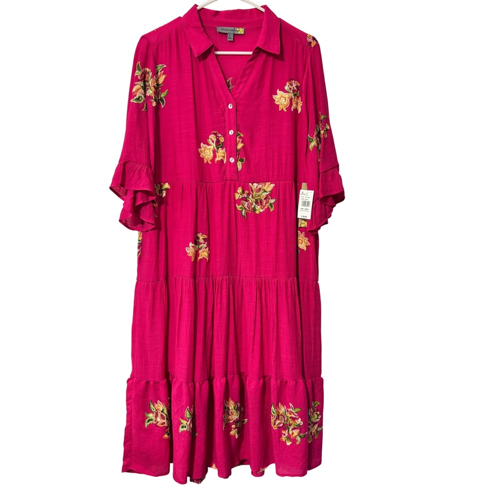 Figueroa & Flower Fuchsia Pink Floral Embroidered‎ Tiered Midi Dress Large NEW